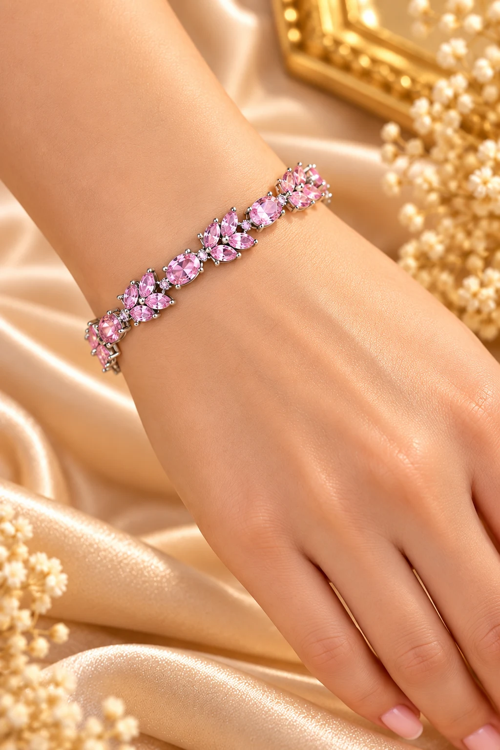 Elegant Zuping Silver-Plated Pink Zirconia Bracelet (3)
