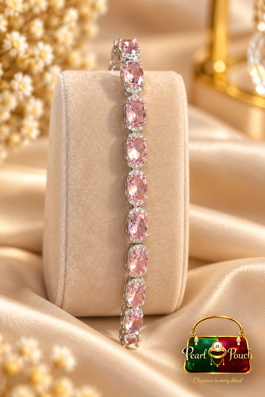 Elegant Zuping Silver-Plated Pink Zirconia Bracelet (4) Elegant Silver-Plated Pink Zirconia Bracelet by Zuping with sparkling pink oval zirconia stones