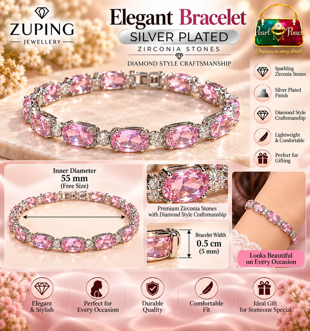 Elegant Zuping Silver-Plated Pink Zirconia Bracelet (6)