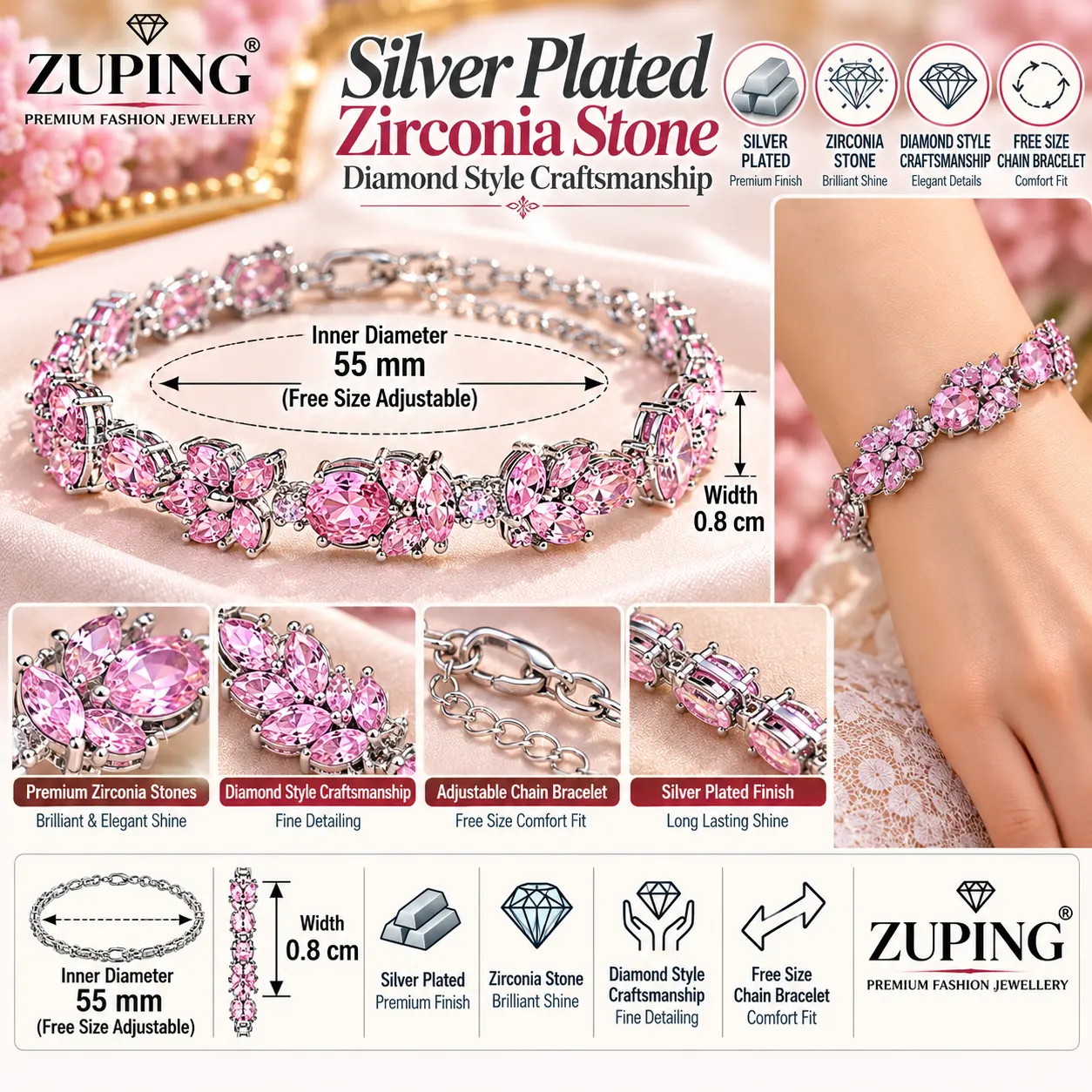 Elegant Zuping Silver-Plated Pink Zirconia Bracelet (7)