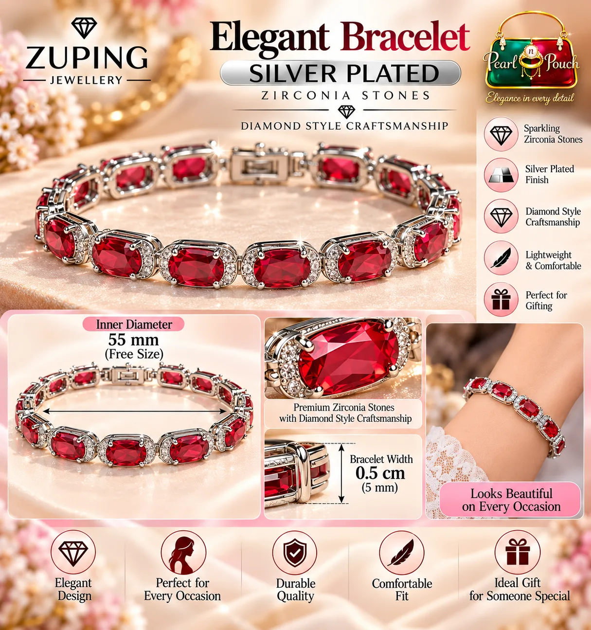 Elegant Zuping Silver-Plated Red Zirconia Bracelet (1) Elegant Silver-Plated Red Zirconia Bracelet by Zuping with sparkling red oval zirconia stones
