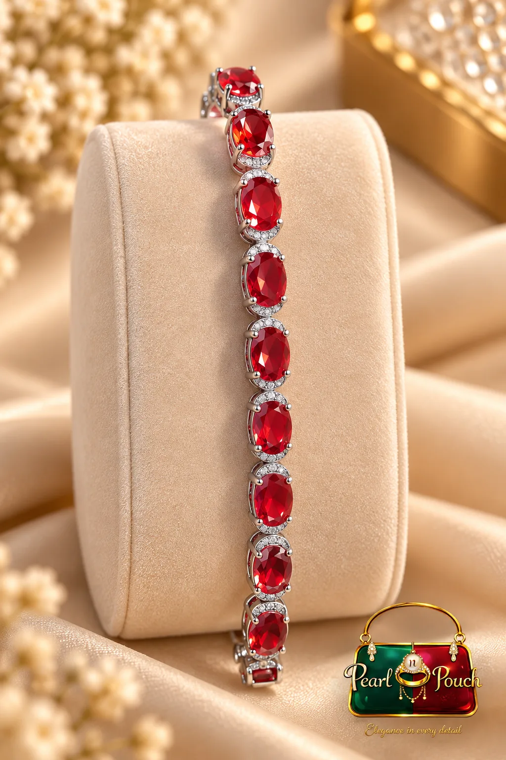 Elegant Zuping Silver-Plated Red Zirconia Bracelet (6) Elegant Silver-Plated Red Zirconia Bracelet by Zuping with sparkling red oval zirconia stones