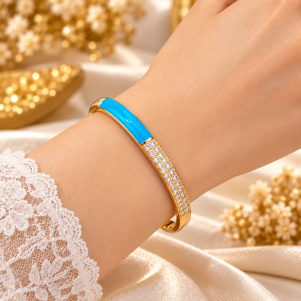 Premium 18 Karat Gold Plated Zirconia Bracelet with Blue Enamel (1)