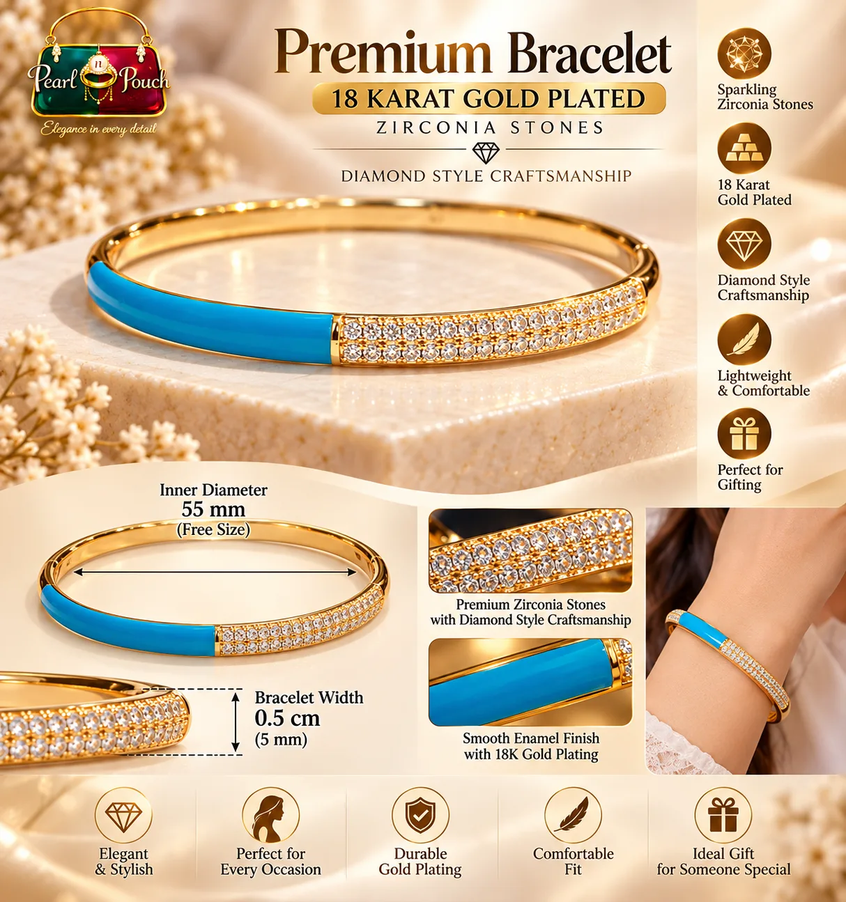 Premium 18 Karat Gold Plated Zirconia Bracelet with Blue Enamel (5)