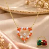 Premium 18K Gold Plated Zirconia Heart Necklace by ZUPING with pearl beads and orange-toned zirconia stones worn around the neck