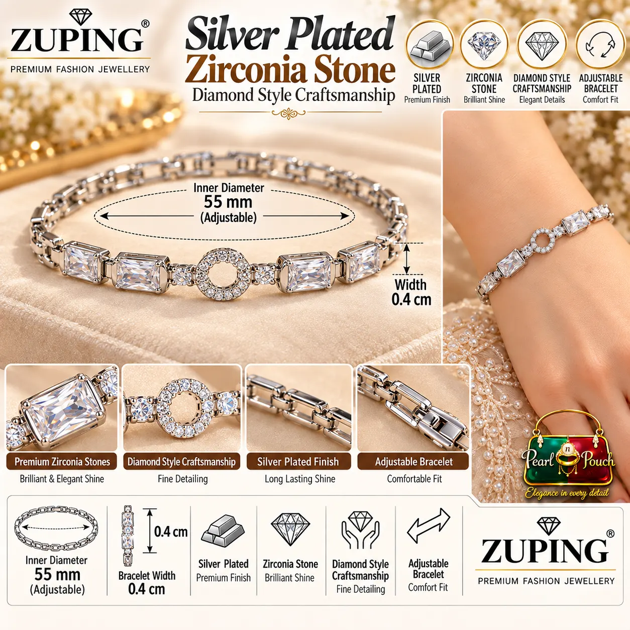 Premium Silver-Plated Zirconia Bracelet by Zuping (2)
