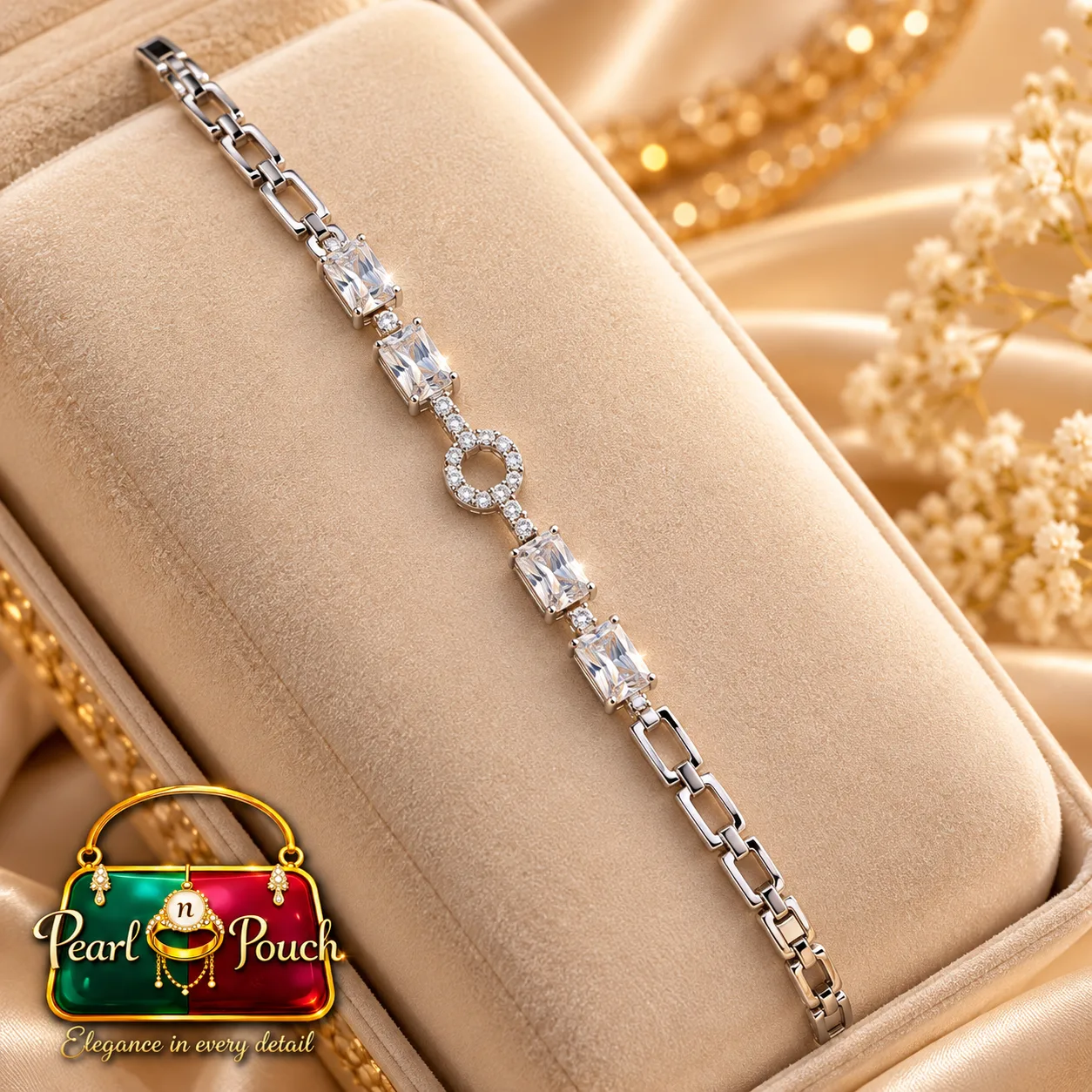 Premium Silver-Plated Zirconia Bracelet by Zuping (7) Premium Silver-Plated Zirconia Bracelet by Zuping displayed on a beige jewellery cushion.