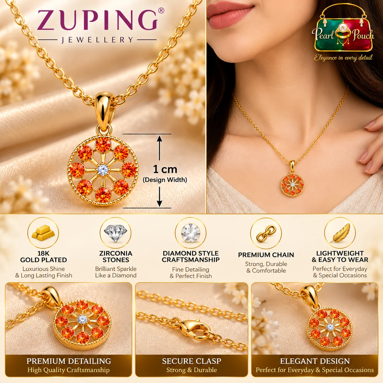 Premium ZUPING 18K Gold Plated Zirconia Round Pendant Necklace (4)