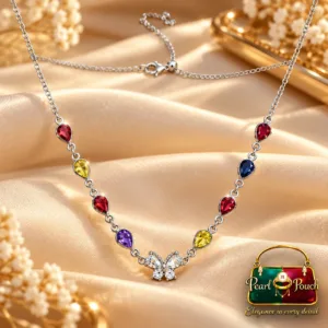 Premium Silver-Plated Zirconia Butterfly Necklace by ZUPING with multicolour stones and a 1 cm butterfly centre design