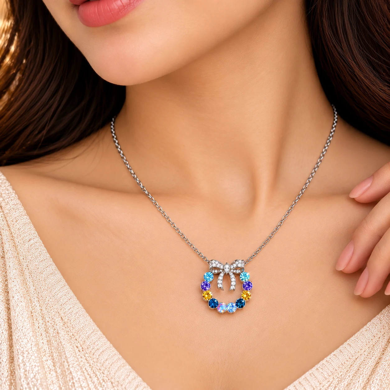 Premium ZUPING Silver-Plated Multicolour Zirconia Knot Necklace (2)