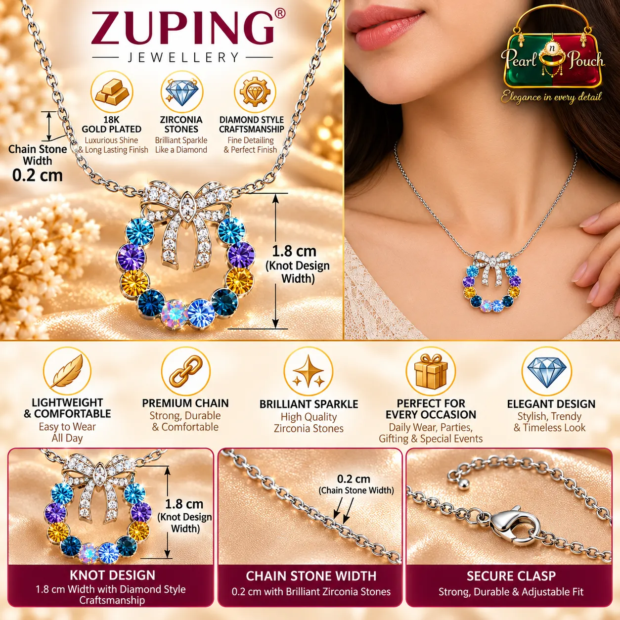 Premium ZUPING Silver-Plated Multicolour Zirconia Knot Necklace (3)