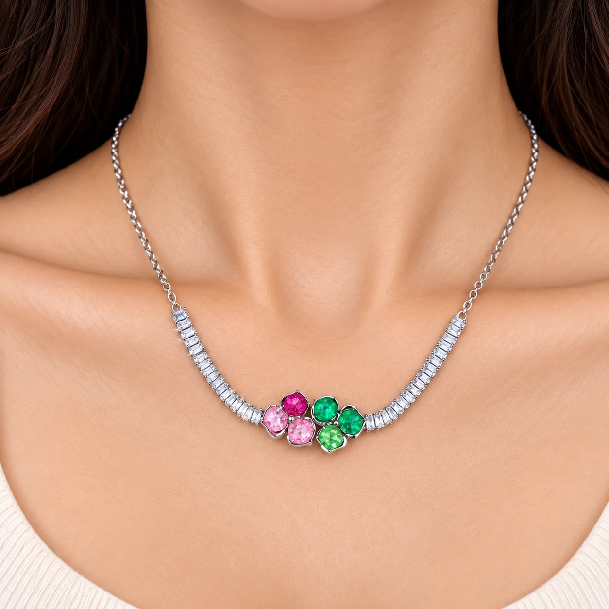 Premium ZUPING Silver-Plated Multicolour Zirconia Necklace (1)