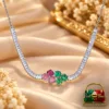 Premium Silver-Plated Zirconia Necklace by ZUPING featuring pink and green centre stones and a detailed Zirconia stone-set chain