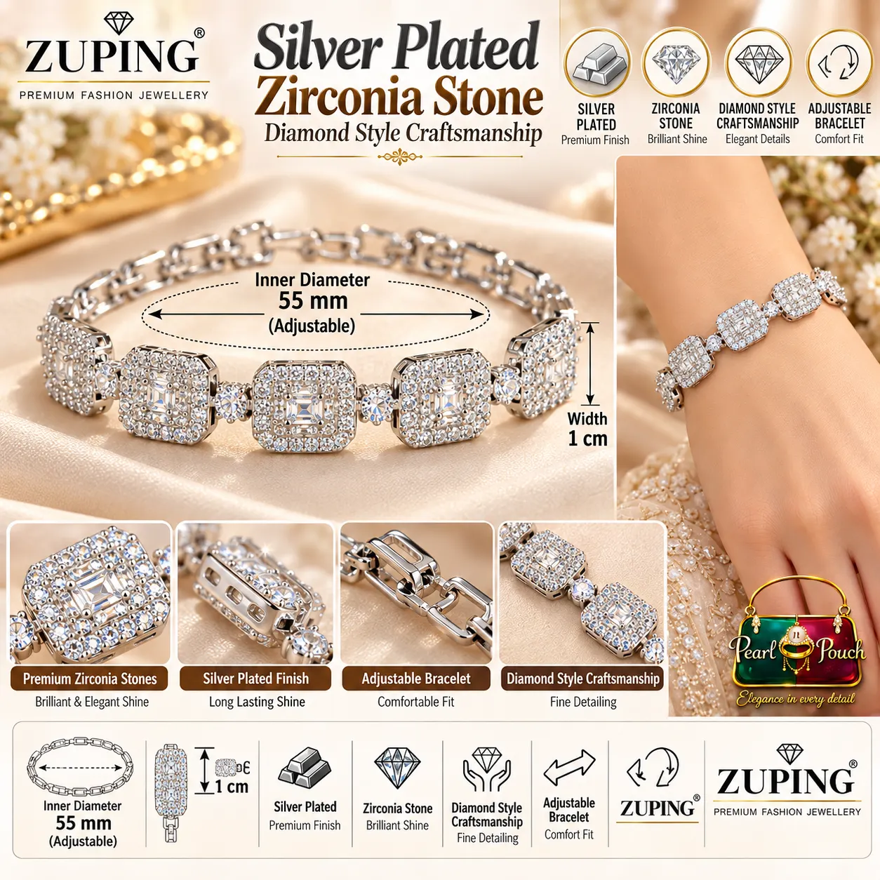 Premium Zuping Silver-Plated Zirconia Bracelet 55 mm (7)