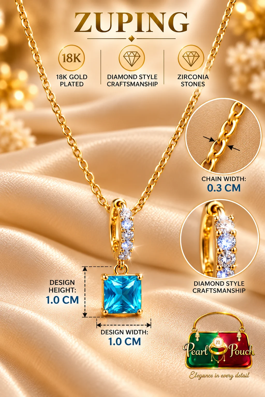 ZUPING Blue Zirconia Necklace and Earrings Set – 18K Gold Plated (1)