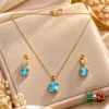 ZUPING blue zirconia necklace and earrings set with square blue stones and 18K gold plated finish