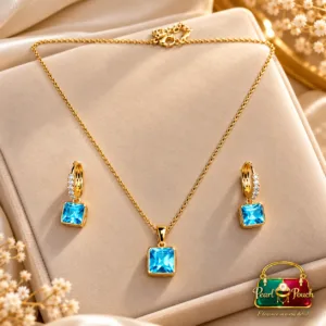 ZUPING blue zirconia necklace and earrings set with square blue stones and 18K gold plated finish