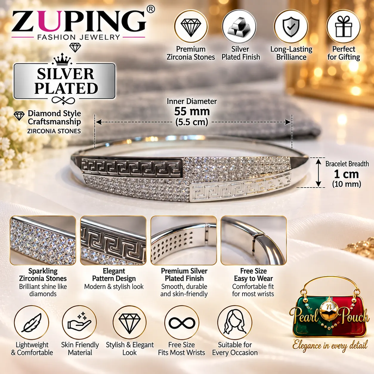 ZUPING Elegant Silver-Plated Zirconia Bracelet for Women (1) Elegant Silver-Plated Zirconia Bracelet by ZUPING with geometric pattern design