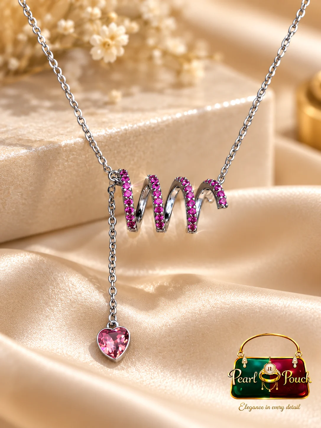 ZUPING Silver-Plated Pink Zirconia Wave and Heart Pendant Necklace (1) Elegant Silver-Plated Pink Zirconia Necklace by ZUPING featuring a pink wave motif and dangling heart-shaped pendant