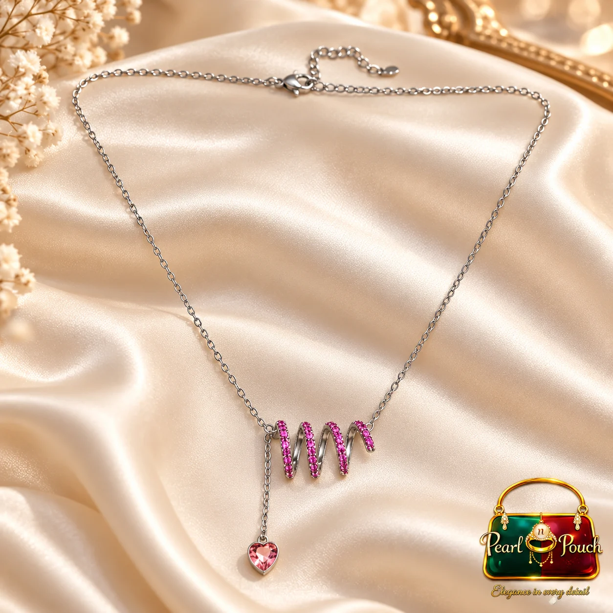ZUPING Silver-Plated Pink Zirconia Wave and Heart Pendant Necklace (2)
