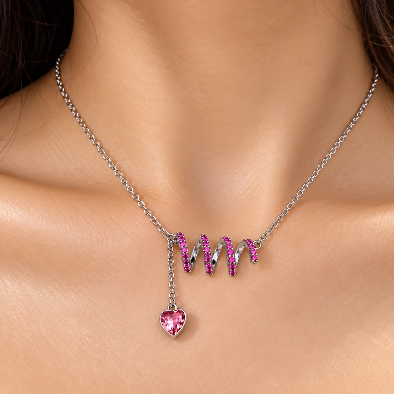 ZUPING Silver-Plated Pink Zirconia Wave and Heart Pendant Necklace (3)