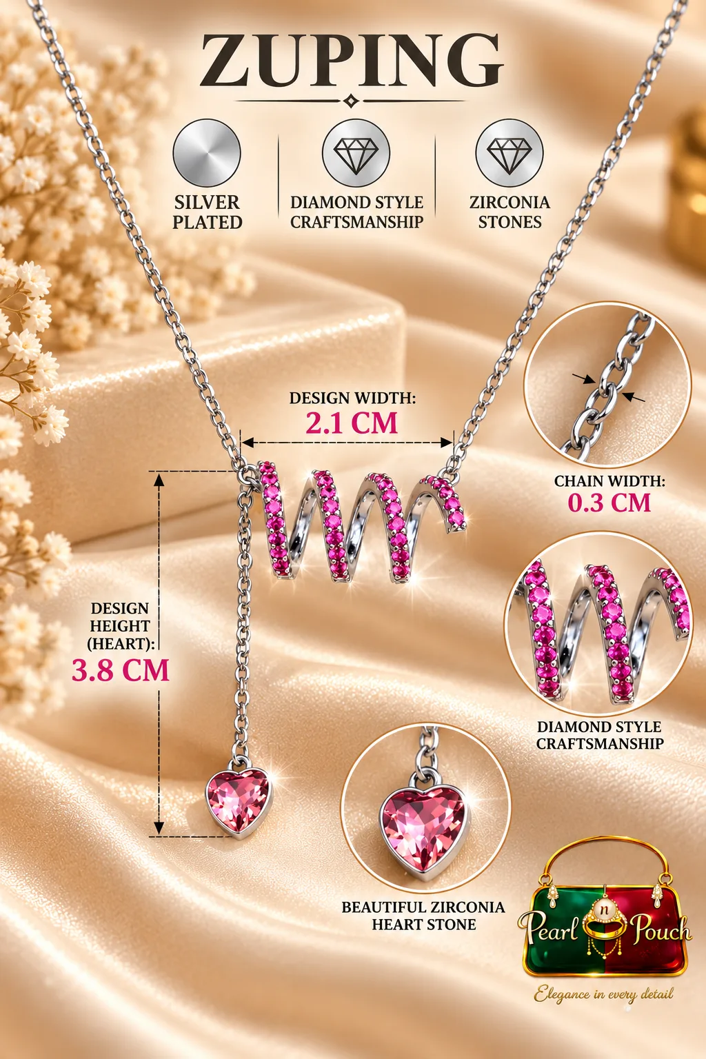 ZUPING Silver-Plated Pink Zirconia Wave and Heart Pendant Necklace (4)