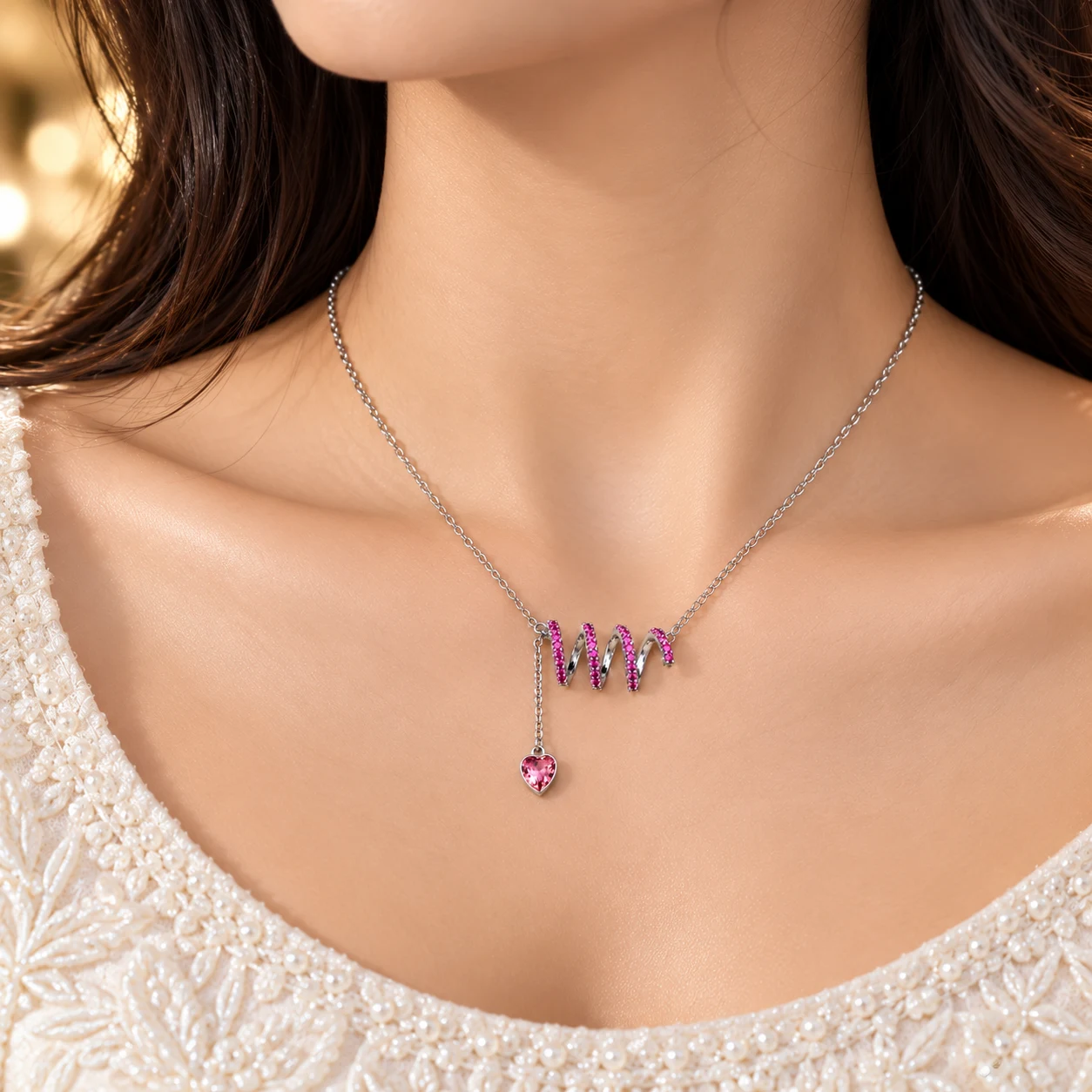 ZUPING Silver-Plated Pink Zirconia Wave and Heart Pendant Necklace (5)