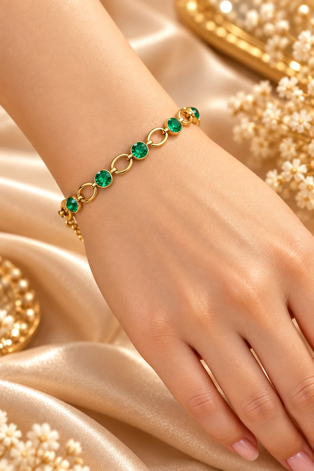 Zuping 18K Gold Plated Green Zirconia Adjustable Bracelet (5)