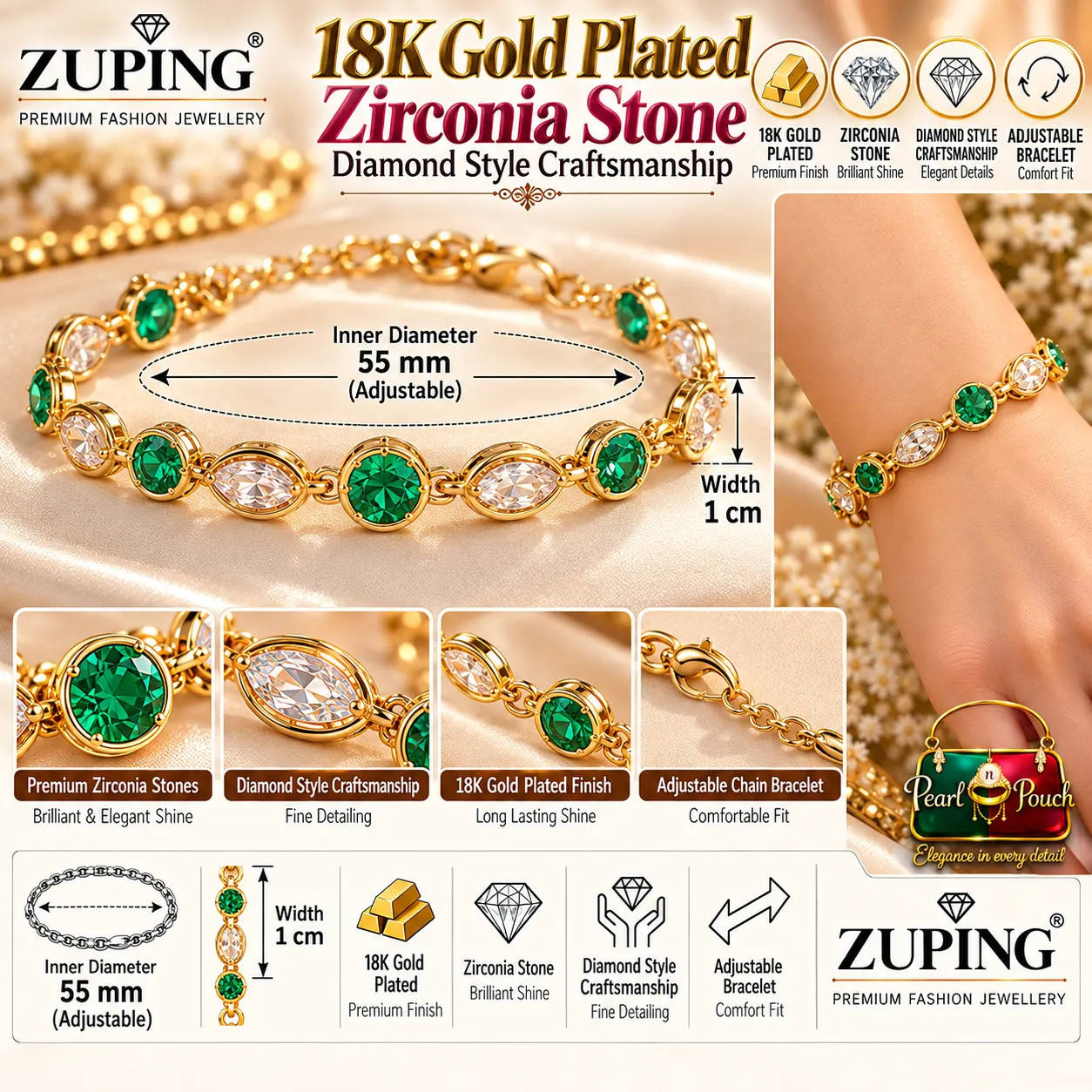 Zuping 18K Gold Plated Green Zirconia Adjustable Bracelet (6)