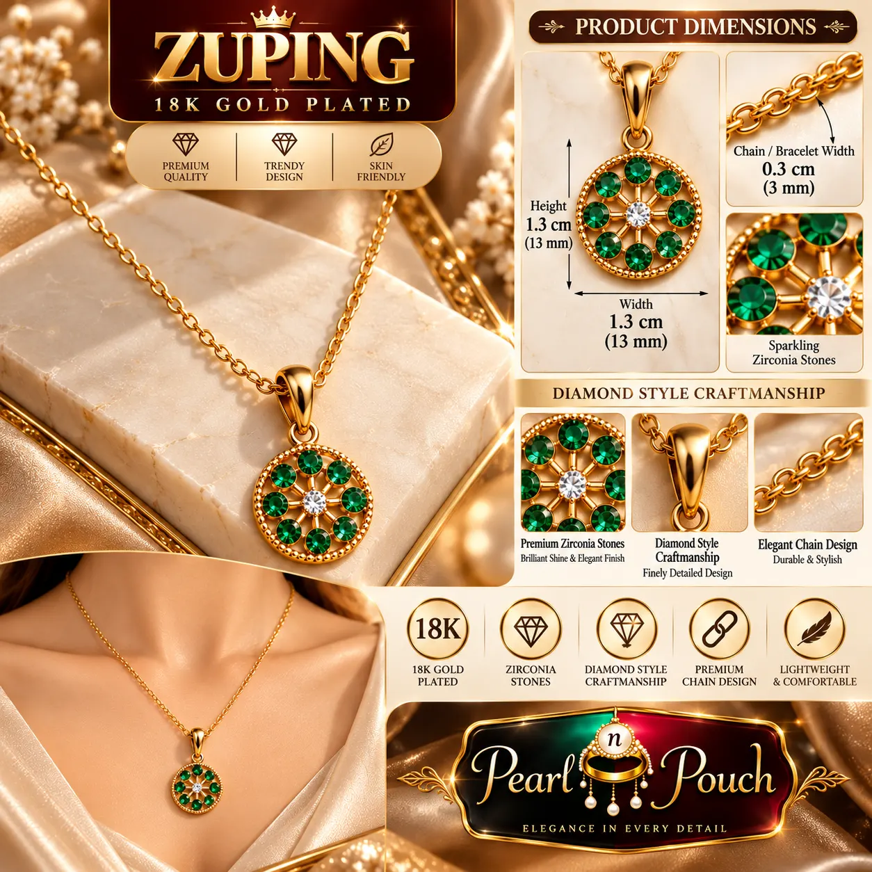 Zuping 18K Gold Plated Green Zirconia Circular Pendant Necklace (1)