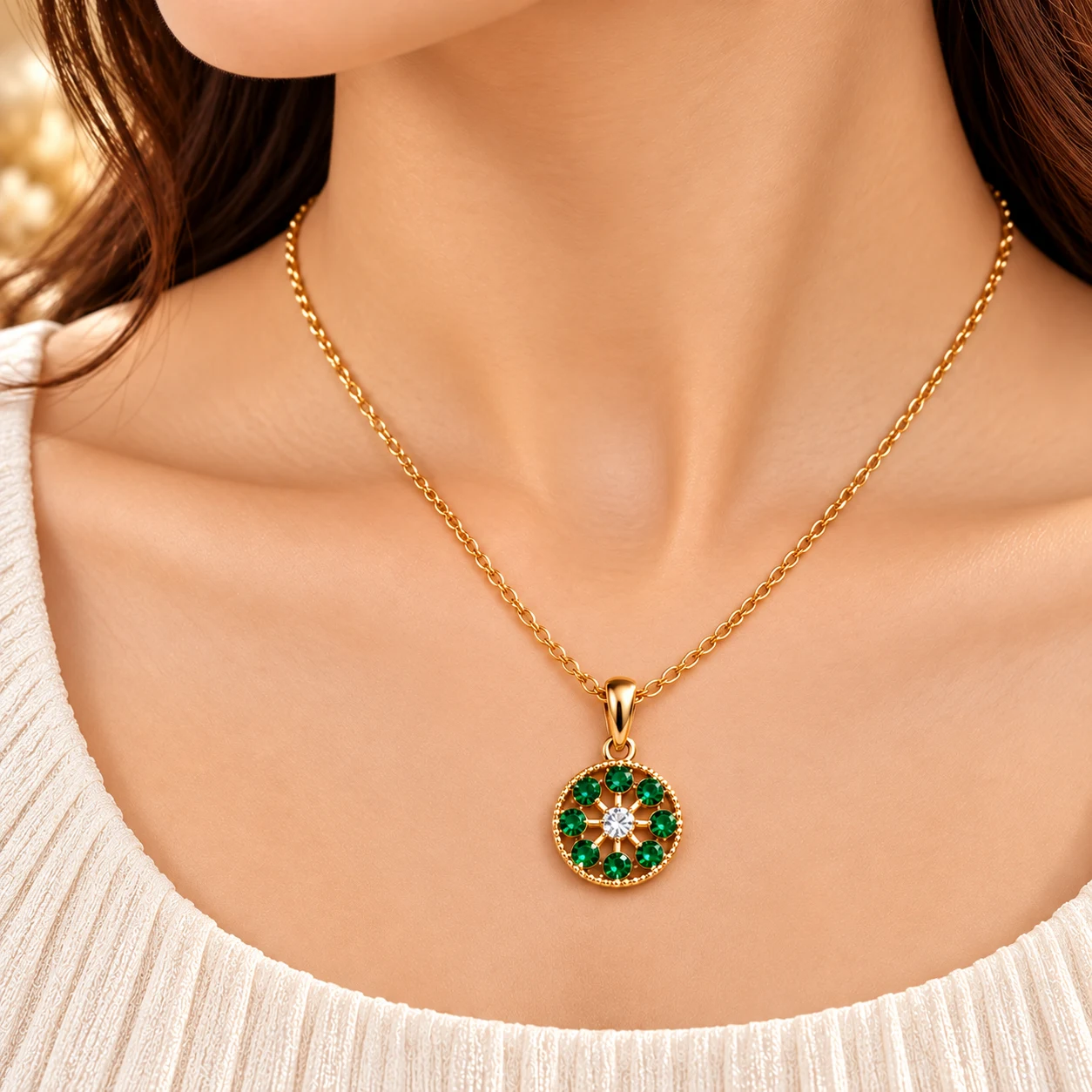 Zuping 18K Gold Plated Green Zirconia Circular Pendant Necklace (3)