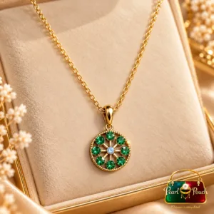 18K Gold Plated Green Zirconia Pendant Necklace by Zuping featuring a circular pendant with green stones and a clear centre stone.