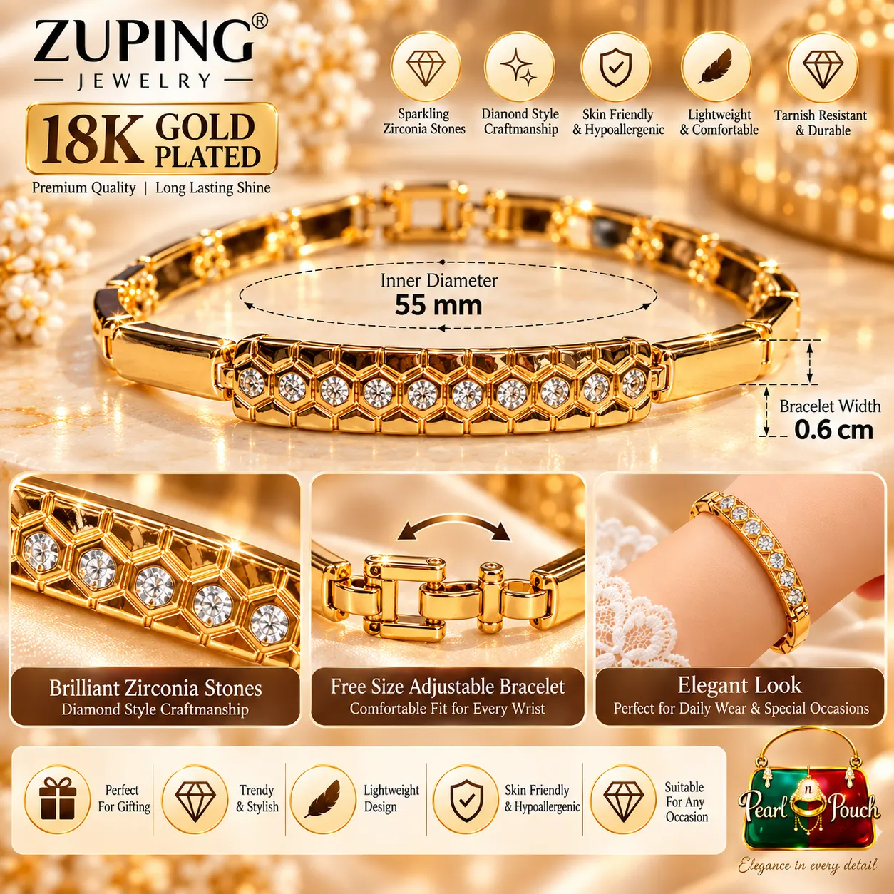 Zuping 18K Gold Plated Zirconia Bracelet with 55 mm Inner Diameter (2)