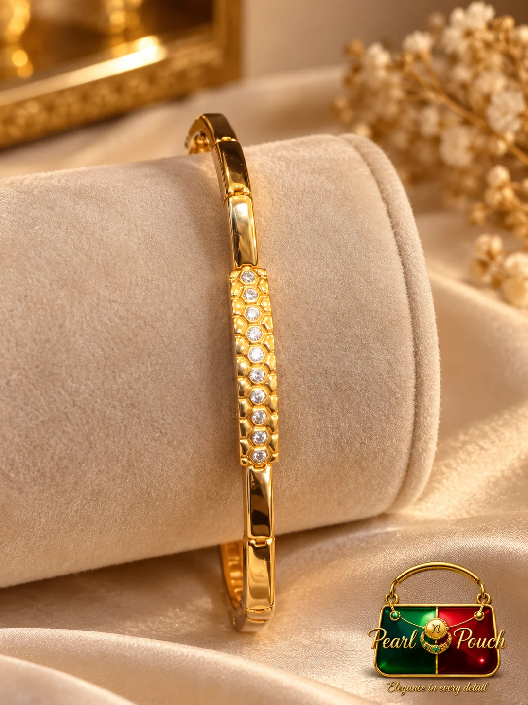 Zuping 18K Gold Plated Zirconia Bracelet with 55 mm Inner Diameter (6) Premium 18K Gold Plated Zirconia Bracelet by Zuping with geometric zirconia detailing and polished adjustable links