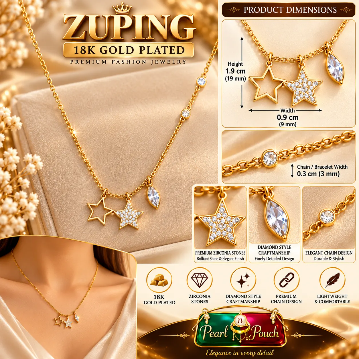Zuping 18K Gold Plated Zirconia Star Charm Necklace (3)