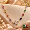 Premium 18K Gold Plated Zirconia Necklace by Zuping with multicolor teardrop stones and a clear floral pendant