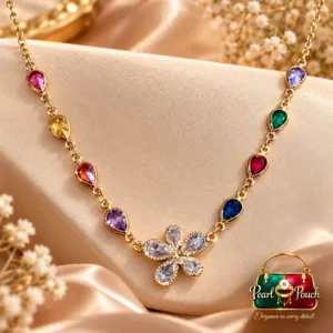 Premium 18K Gold Plated Zirconia Necklace by Zuping with multicolor teardrop stones and a clear floral pendant