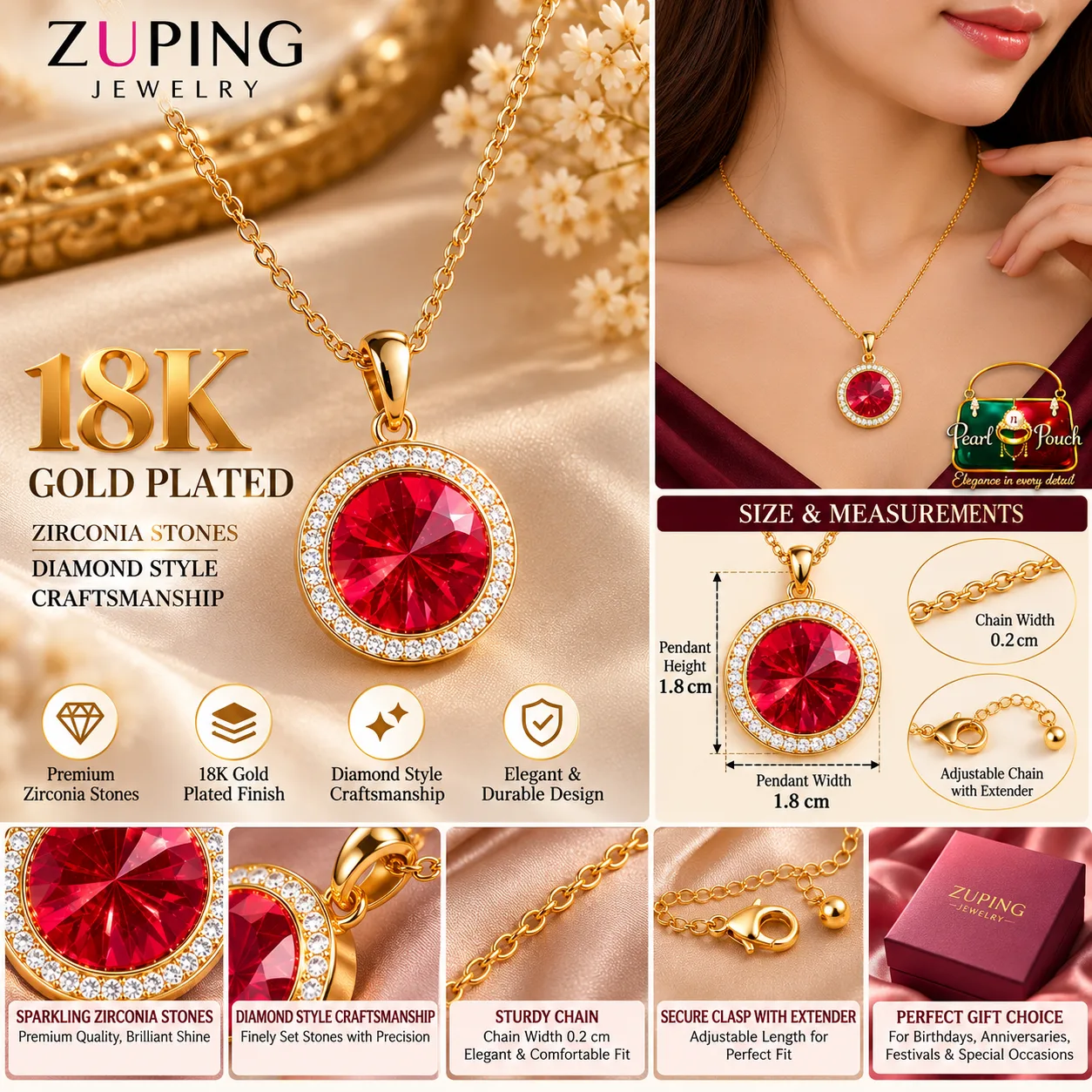 Zuping Premium 18K Gold Plated Red Zirconia Pendant Necklace (2)