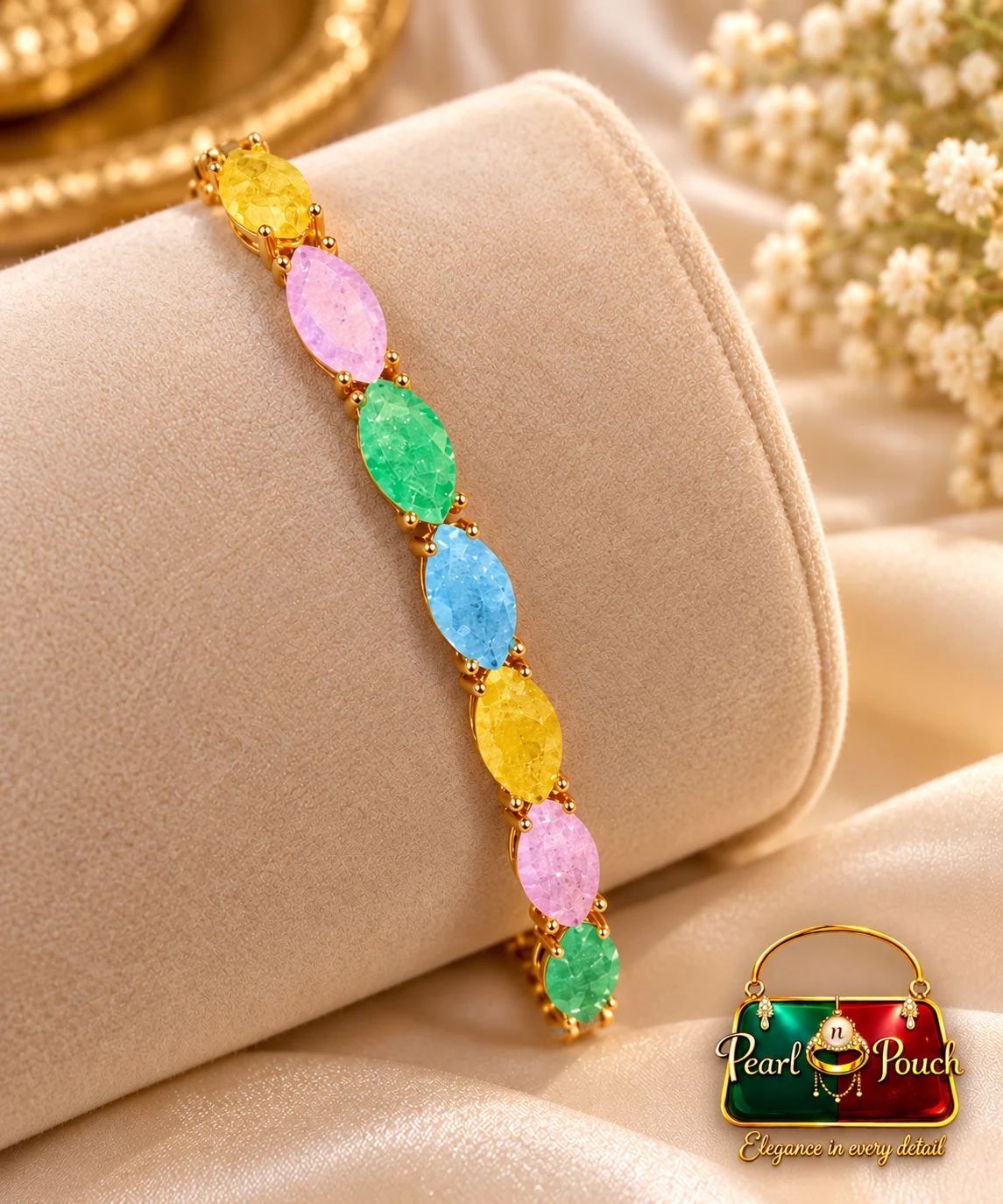Zuping Premium 18K Gold Plated Zirconia Multicolor Bracelet 55 mm (6) Premium 18K Gold Plated Zirconia Bracelet by Zuping with multicolour pink, green, blue and yellow stones