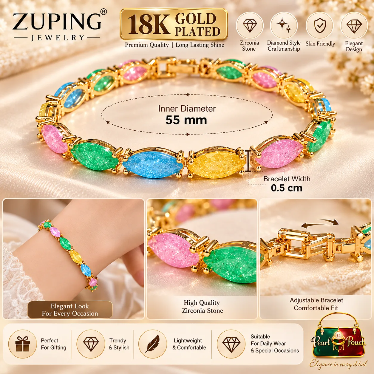 Zuping Premium 18K Gold Plated Zirconia Multicolor Bracelet 55 mm (7)